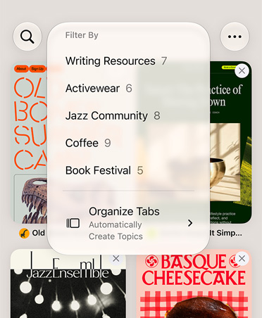 Browser Safari iPhone, menampilkan menu Filter dengan kategori seperti Sumber Daya Menulis, Pakaian Aktif, Komunitas Jazz, Kopi, dan Festival Buku, dengan opsi Atur Secara Otomatis yang dipilih