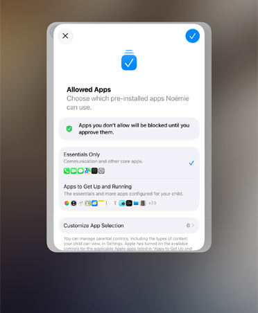 Assistant réglages avec sélection d’apps que les parents peuvent choisir pour leurs enfants