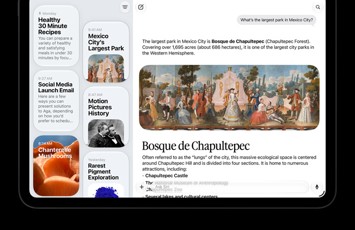 스페이스 블랙 색상 iPad Pro 11의 앞쪽 화면에 Siri AI와의 대화가 활성화된 Siri 앱을 보여주고, 사이드바에 이전 대화 내역이 표시되어 있는 모습.