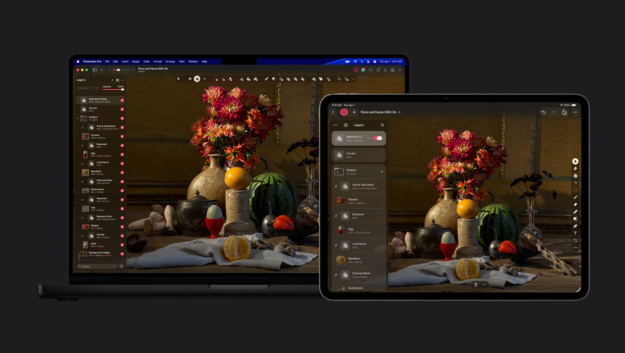 MacBook Pro 16과 iPad Pro 13 화면에 열려 있는 Pixelmator Pro. 식물과 동물의 정물화 그리고 왼쪽에는 레이어 툴킷이 보입니다.