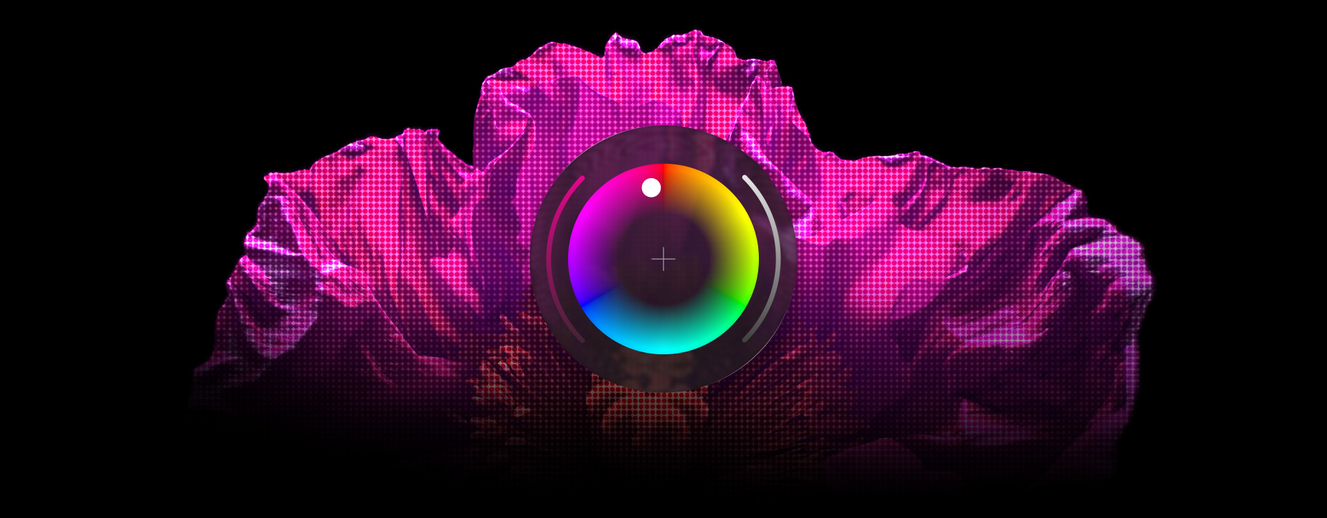 질감이 있는 분홍색 대상체와 그 중앙의 Pixelmator Pro 색상 선택 도구