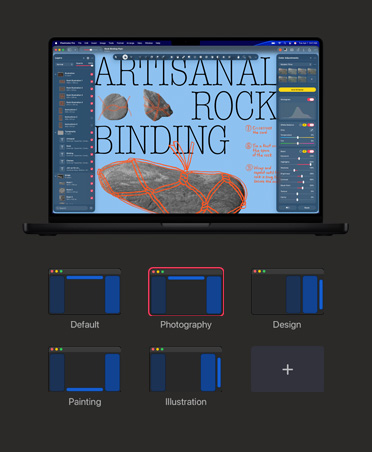MacBook Pro 16 화면. 돌을 끈으로 묶는 수공예를 보여주는 이미지와 색상 조절 및 화이트 밸런스 도구가 보입니다.
