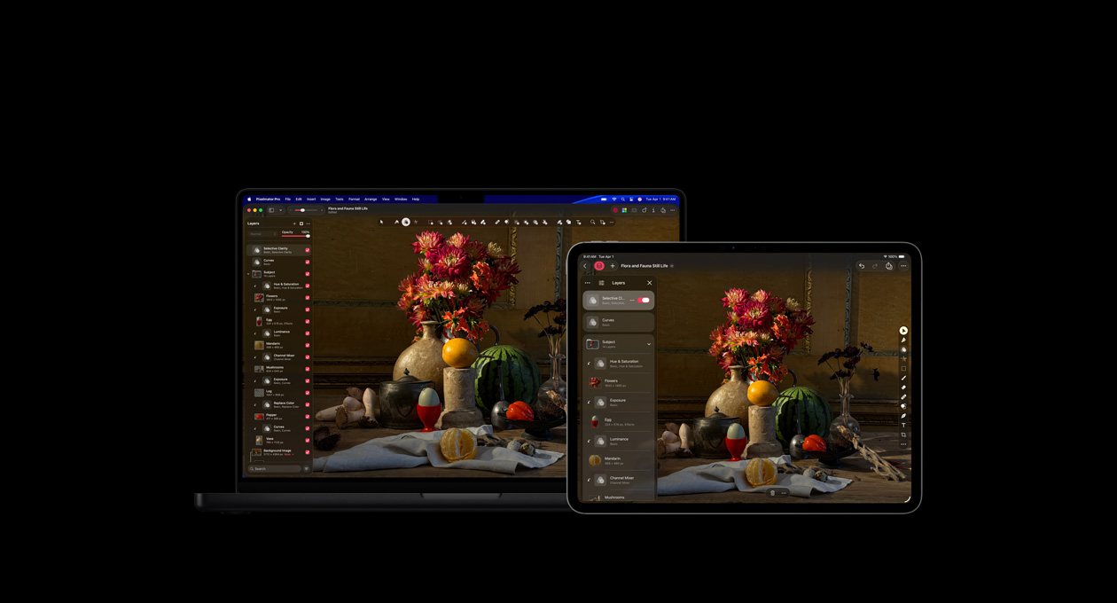 정물화 이미지가 열려 있는 Pixelmator Pro가 보이는 MacBook Pro 16과 iPad Pro 13 화면. 왼쪽에는 레이어 툴킷이 보입니다.