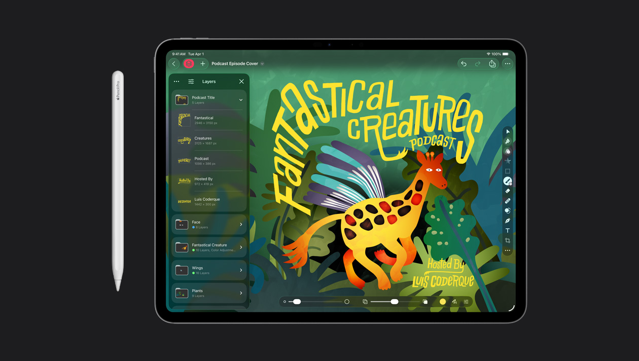 iPad Pro 13과 함께 사용 중인 Apple Pencil. 환상 속 생물들에 관한 팟캐스트의 일러스트레이션이 보입니다.