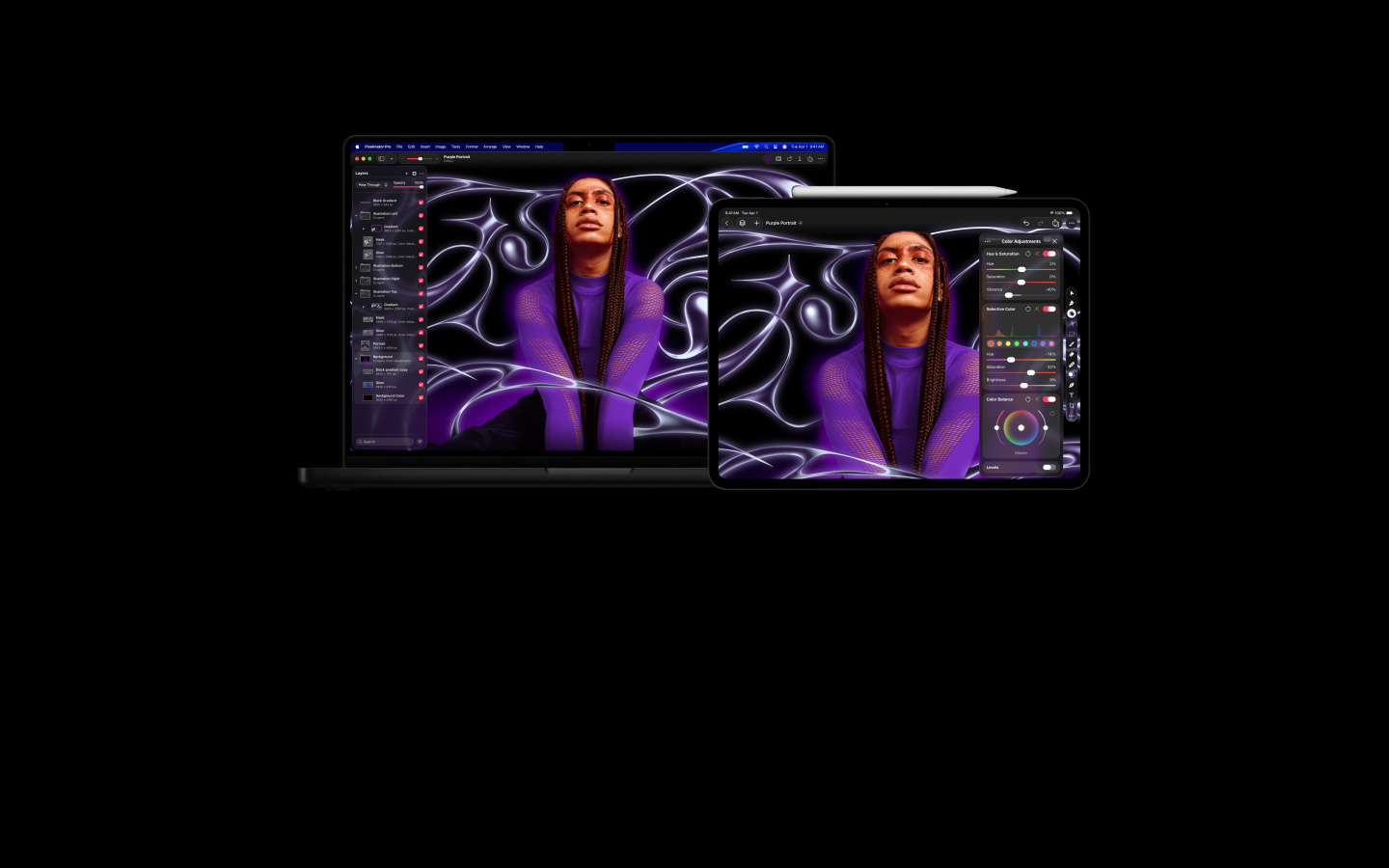 스타일화된 추상적인 배경에 땋은 머리를 하고 보라색 스웨터를 입은 사람의 이미지가 MacBook Pro 16 및 iPad Pro 13 기기 안으로 이동하는 모습. 두 기기의 화면에는 Pixelmator Pro 작업 공간이 보이며, 화면 측면 영역에는 이미지를 편집하는 레이어 패널이 표시되어 있습니다.