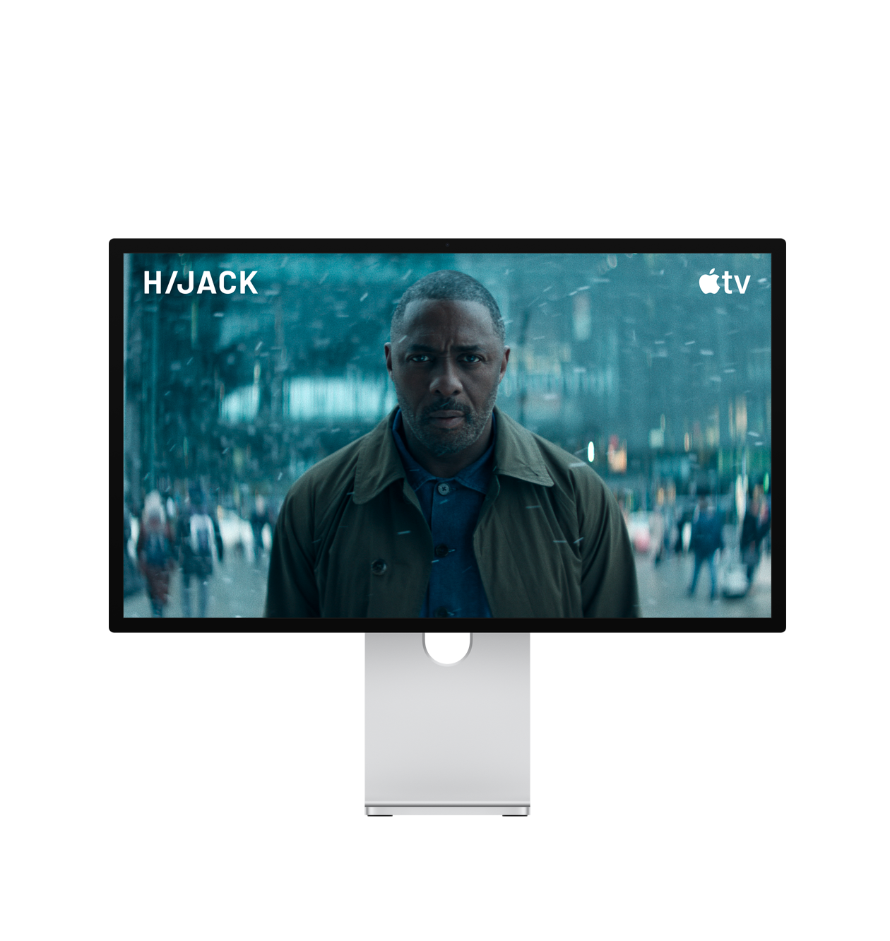 Un monitor Studio Display XDR rodeado de ilustraciones de ondas sonoras, con una escena de la serie Hijack en la pantalla