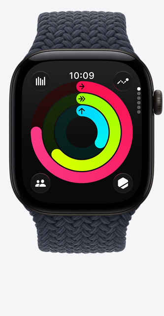 Apple Watch Series 12 com caixa preta de alumínio e pulseira loop solo trançada azul-marinho, círculos de Atividade: Movimento, Exercício e Ficar em Pé