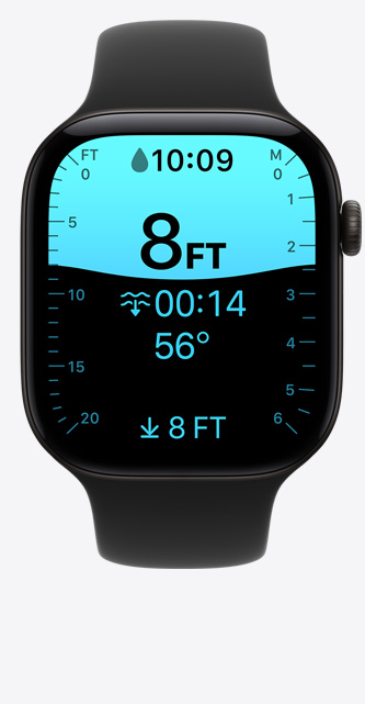 Apple Watch Series 12, boîtier en aluminium, noir, écran de l’app Profondeur, plongée à 2,40 mètres, Bracelet Sport, noir