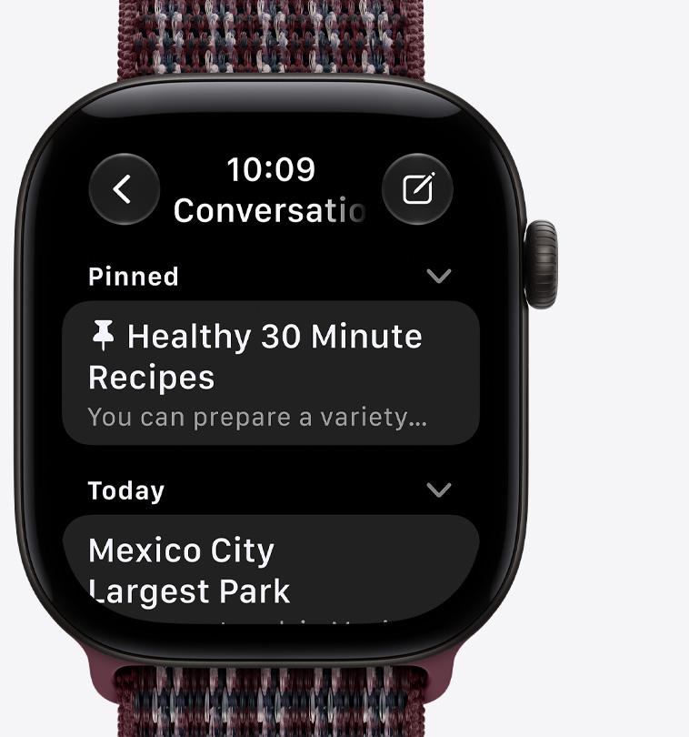 Apple Watch Series 12, boîtier en aluminium, couleur noir, écran avec des conversations épinglées, bracelet sport à rabat, couleur tartan bourgogne