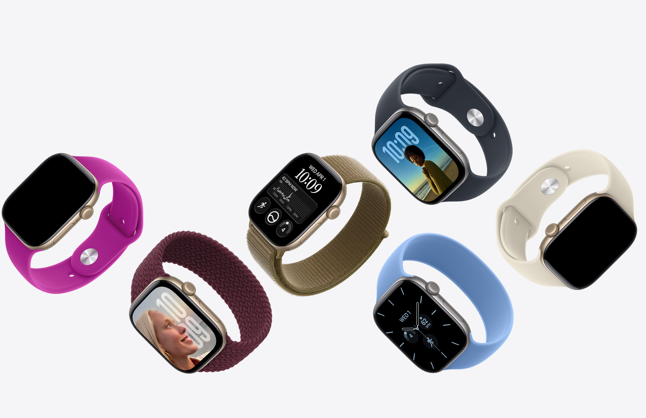 Aparelhos Apple Watch com caixa de diferentes materiais, cores e pulseiras