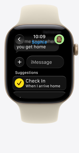 Apple Watch Series 12, screen shows Check In suggestion in iMessage, aluminium case, light gold colour, connected to Sport Band, sand colour (pale tan)