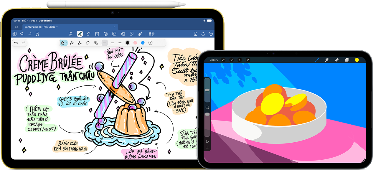 Ở bên trái, iPad thế hệ thứ 10 nằm ngang, hiển thị hình ảnh có ghi chú và bản vẽ cùng Apple Pencil USB-C được gắn ở phía trên cùng. Ở bên phải, iPad mini nằm ngang hiển thị hình minh họa đầy màu sắc được tạo bằng ProCreate.