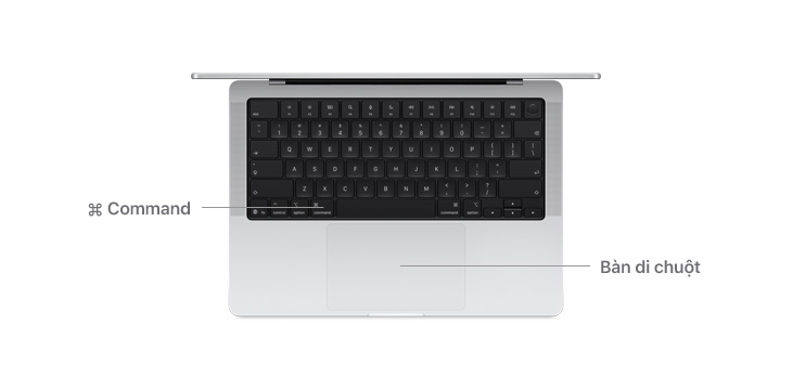 Mặt trên của MacBook Pro 14" với các đường thể hiện vị trí của phím Command và bàn di chuột.